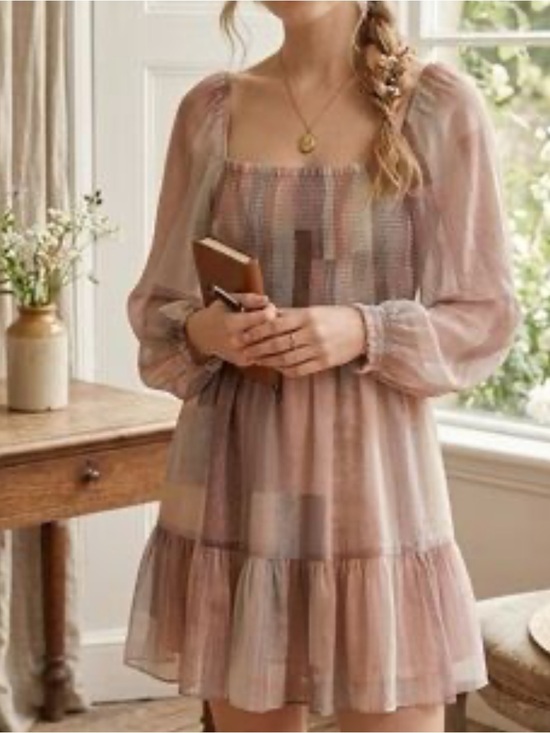 Aritzia Dresses & Skirts - Aritzia Smocked Patchwork Mini Dress — Mauve & Blush Tones size S